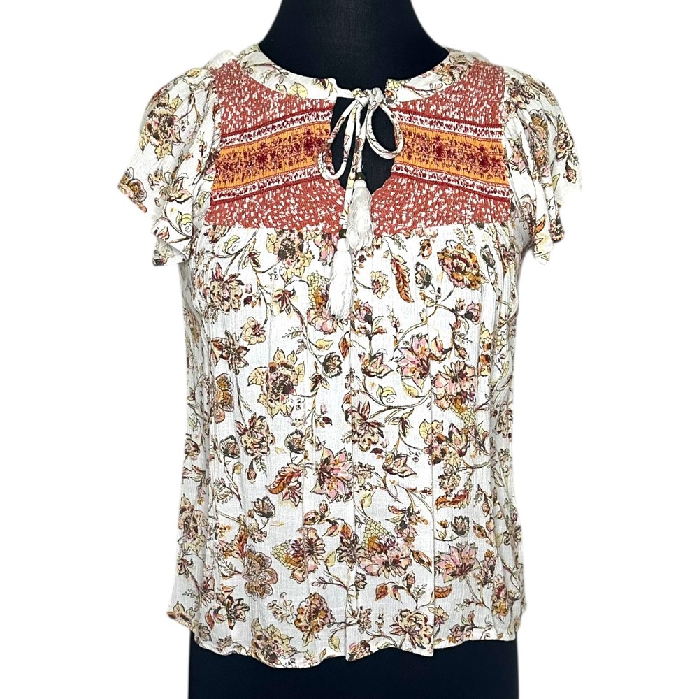 Maurices Womens Boho Floral‎ Smocked Tassel Tie Blouse Top Ivory Orange Medium